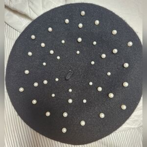 Elegant Black Beret with Pearl Accents